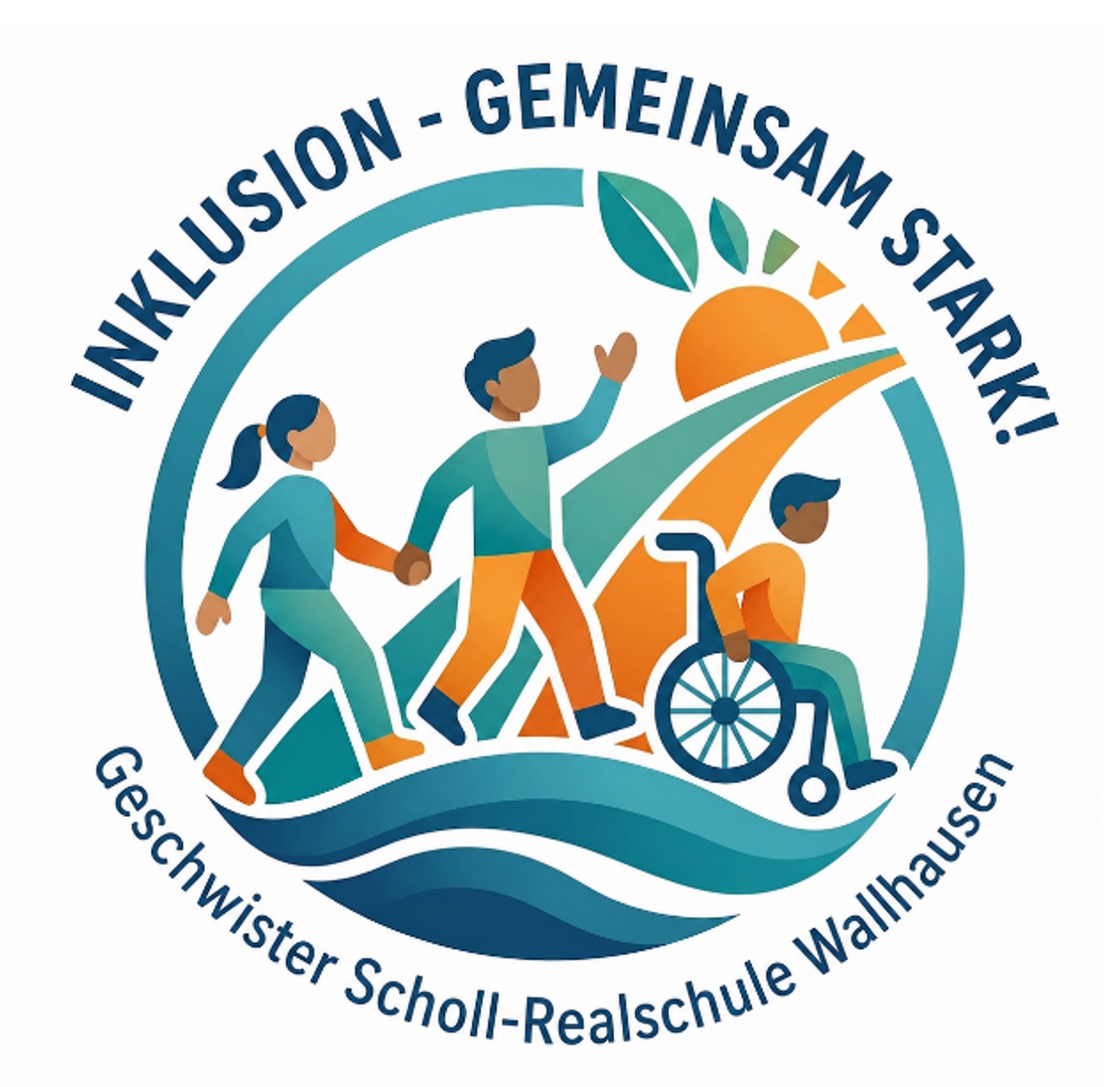 1. Logo Inklusion an der GSR Die kreisrunde Grafik zeigt im Zentrum drei farbenfroh vereinfacht dargestellte Jugendliche – ein Mädchen und einen Jungen, die sich an den Händen halten, sowie einen Jungen im Rollstuhl –, die gemeinsam auf einem geschwungenen Pfad in Richtung einer aufgehenden Sonne wandern. Das Motiv wird im oberen Bogen vom Motto „INKLUSION - GEMEINSAM STARK!“ und unten vom Namen „Geschwister Scholl-Realschule Wallhausen“ eingerahmt, während sanfte Wellen- und Blattelemente den Weg als lebendigen Entwicklungsraum symbolisieren.