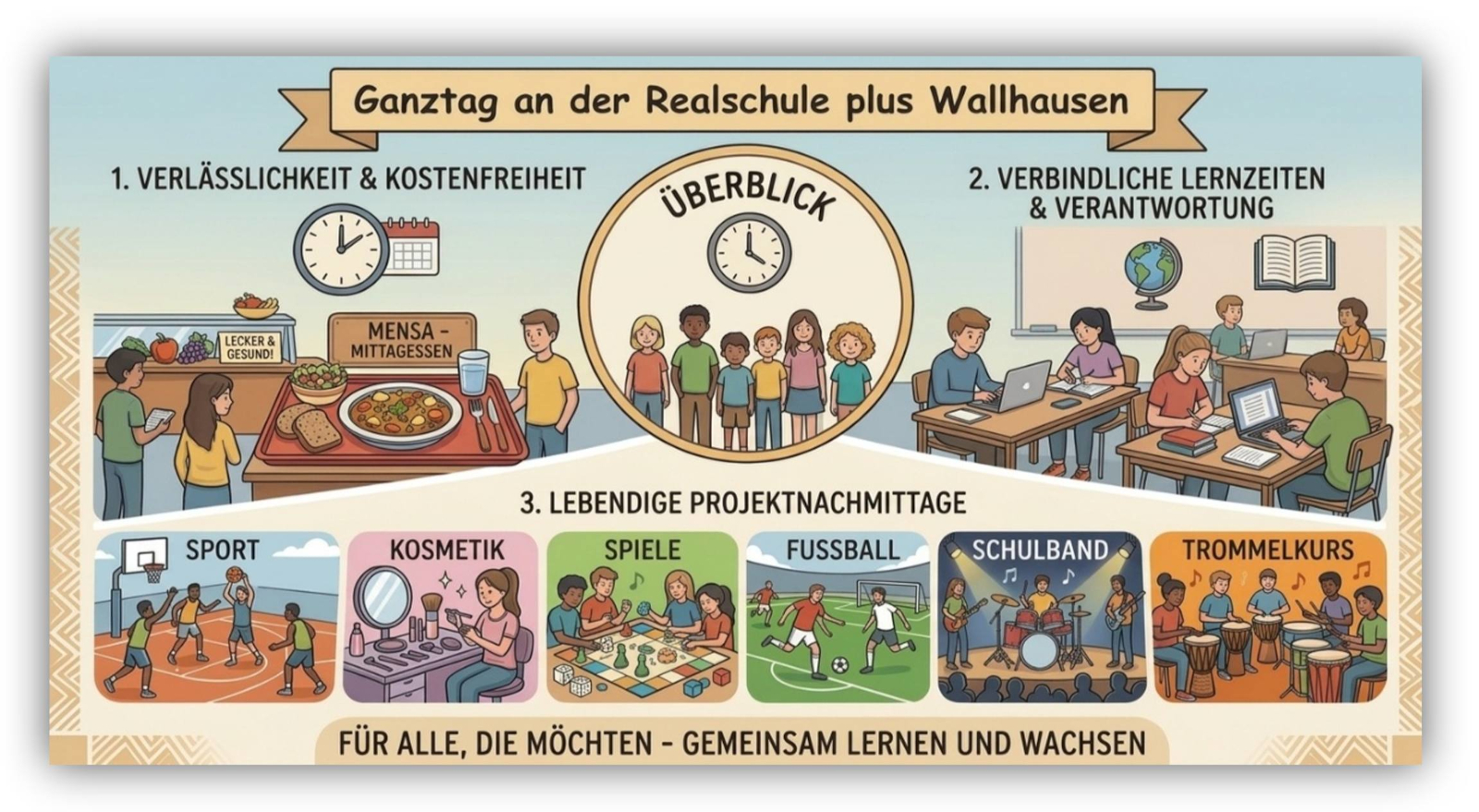 Die Infografik mit dem Titel „Ganztag an der Realschule plus Wallhausen“ zeigt eine übersichtliche Schautafel, die im oberen Teil in die Bereiche „Verlässlichkeit & Kostenfreiheit“ mit einer Mensa-Szene und „Verbindliche Lernzeiten & Verantwortung“ mit einer Klassenzimmer-Szene unterteilt ist. Um ein zentrales Kreislogo mit der Aufschrift „Überblick“ gruppieren sich im unteren Drittel sechs farbige Kacheln, die die lebendigen Projektnachmittage Sport, Kosmetik, Spiele, Fußball, Schulband und Trommelkurs in Comic-Szenen illustrieren.