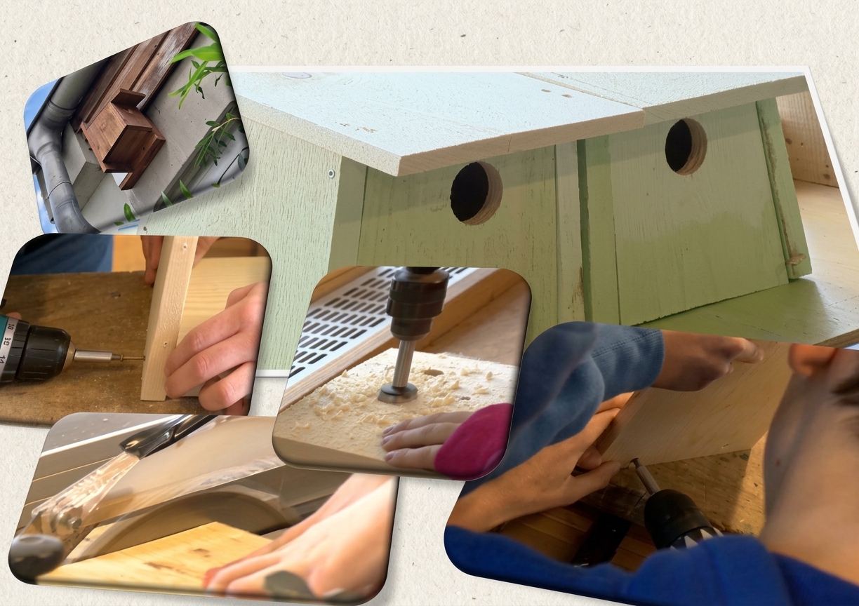 Bau unserer Brutkästen Die Collage zeigt im oberen Bereich zwei fertig montierte hölzerne Vogelhäuser mit runden Einfluglöchern sowie eine Aufnahme eines bereits außen an der Hauswand angebrachten Nistkastens. Vier kleinere Detailfotos dokumentieren die Schülerinnen und Schüler in der Werkstatt beim eigenhändigen Zuschneiden, Bohren und Verschrauben der Holzelemente mit Akkuschraubern und Tischlerwerkzeug.