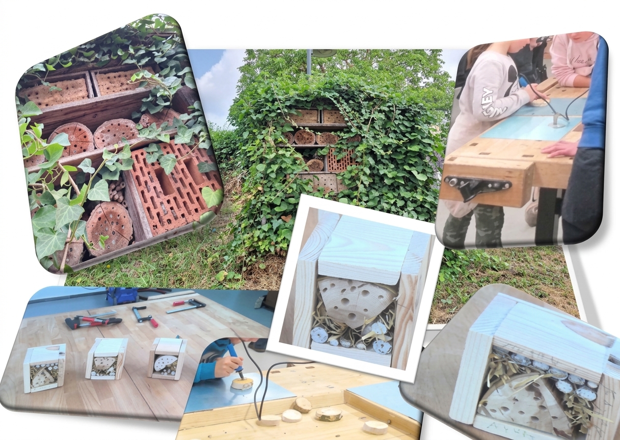 Insektenhotels Die Collage zeigt im oberen Zentrum ein großes, von dichtem Efeu umgebenes Insektenhotel im Außenbereich der Schule, das mit Lochziegeln, Schilfrohr und gebohrten Holzstücken als Nisthilfe ausgestattet ist. Mehrere Detailaufnahmen zeigen Schülerinnen und Schüler an einer Werkbank beim präzisen Bohren von Nistgängen in Holzscheiben sowie die fertigen, kleinen Holzkästen, die mit Naturmaterialien wie Stroh und Ästen befüllt sind.