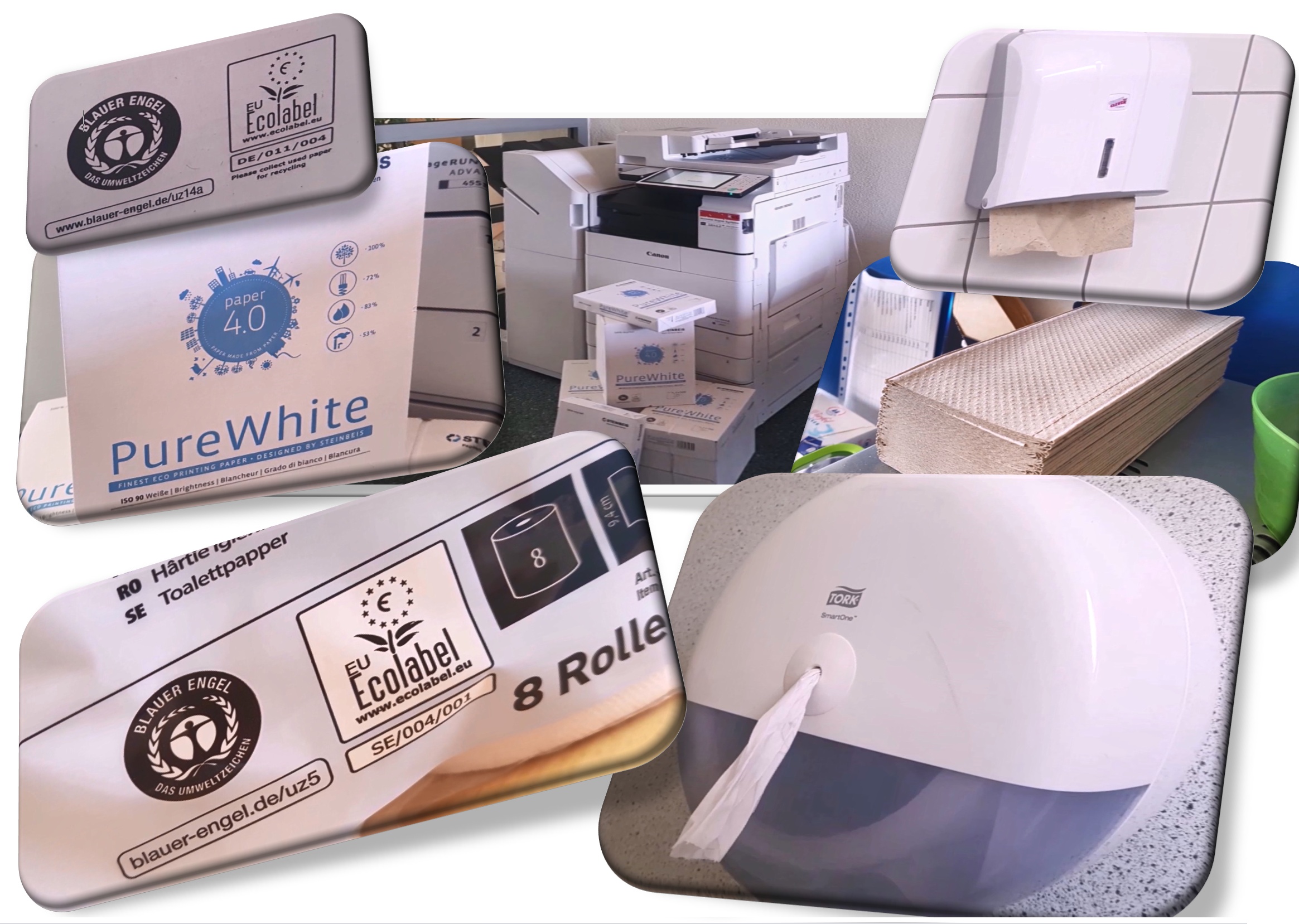 Ökopapier Die Fotocollage zeigt im linken und mittleren Bereich Pakete von nachhaltigem „PureWhite“-Kopierpapier vor einem großen Schul-Kopierer sowie Nahaufnahmen der offiziellen Nachhaltigkeitssiegel „Blauer Engel“ und „EU Ecolabel“ auf den Verpackungen. Auf der rechten Seite sind moderne, weiße Spendersysteme für Handtuchpapier und Toilettenpapier aus den Sanitärräumen abgebildet, die ebenfalls mit den entsprechenden Umweltschutz-Zertifikaten versehen sind.