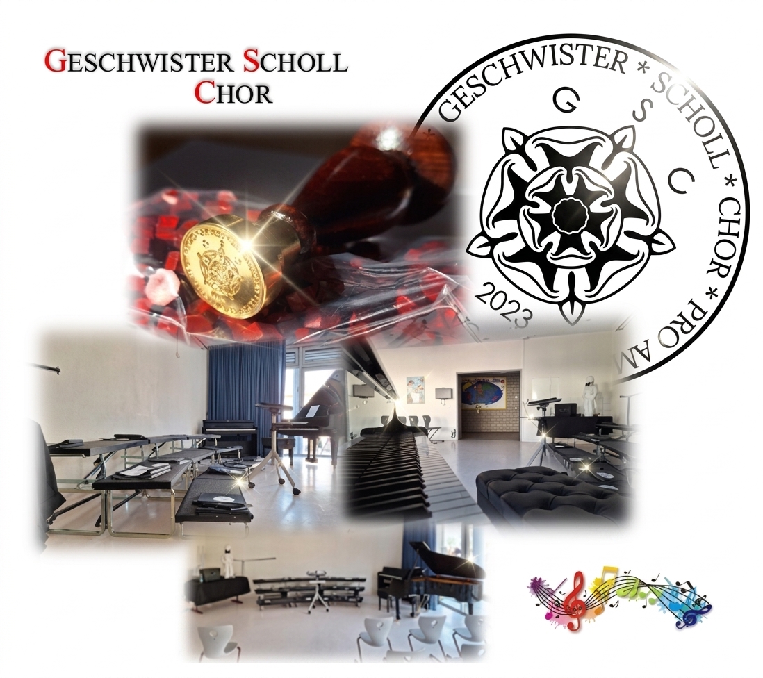 Collage Schulchor Die bildliche Collage zeigt im oberen Bereich den Schriftzug „Geschwister Scholl Chor“, ein Foto eines Petschaft mit Rose und Initialen des Chores zum Sigeln der Zeugnisse mit rotem Wachs. Rechts ist eine Variante des kreisrunden Chorsiegels mit lateinischer Inschrift und der Jahreszahl 2023 zu sehen. Der untere Teil vereint verschiedene Innenansichten der Aula mit einer mobilen Chortribüne, Notenständern und einem glänzenden schwarzen Konzertflügel, abgerundet durch eine bunte Notengrafik rechts daneben.