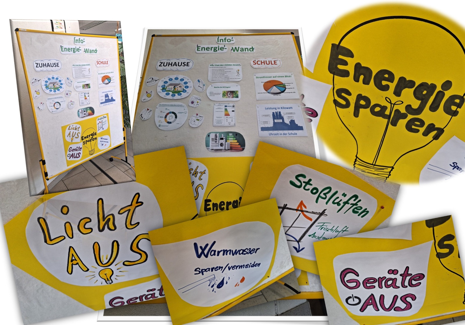 Energieinfowand Die Collage zeigt im oberen Bereich zwei Ansichten einer mobilen Stellwand mit dem Titel „Info-Energie-Wand“, die übersichtliche Grafiken und Diagramme zum Strom- und Energiesparen im Bereich „Zuhause“ und „Schule“ präsentiert. Im Vordergrund sind mehrere gelbe Schilder mit handgeschriebenen Hinweisen wie „Licht AUS“, „Geräte AUS“, „Stoßlüften“ und „Energie Sparen“ abgebildet, die als direkte Aufforderungen für ein umweltbewusstes Verhalten im Klassenzimmer dienen.