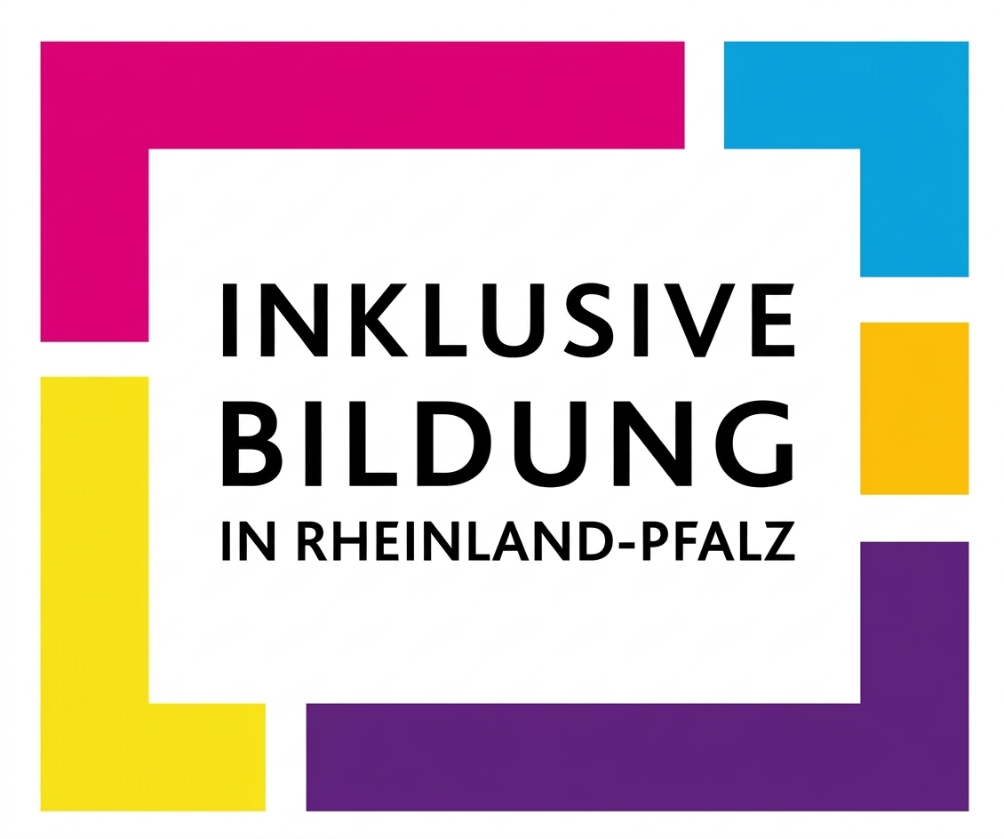2. Inklusive Bildung RLP Die Grafik zeigt im Zentrum das offizielle Logo der Initiative „Inklusive Bildung in Rheinland-Pfalz“ auf einem schlichten weißen Hintergrund. Gerahmt wird der Text von vier rechtwinkligen, farbigen Ecken in Magenta, Hellblau, Gelb und Violett, die sich wie Puzzleteile zu einem offenen Quadrat zusammenfügen.