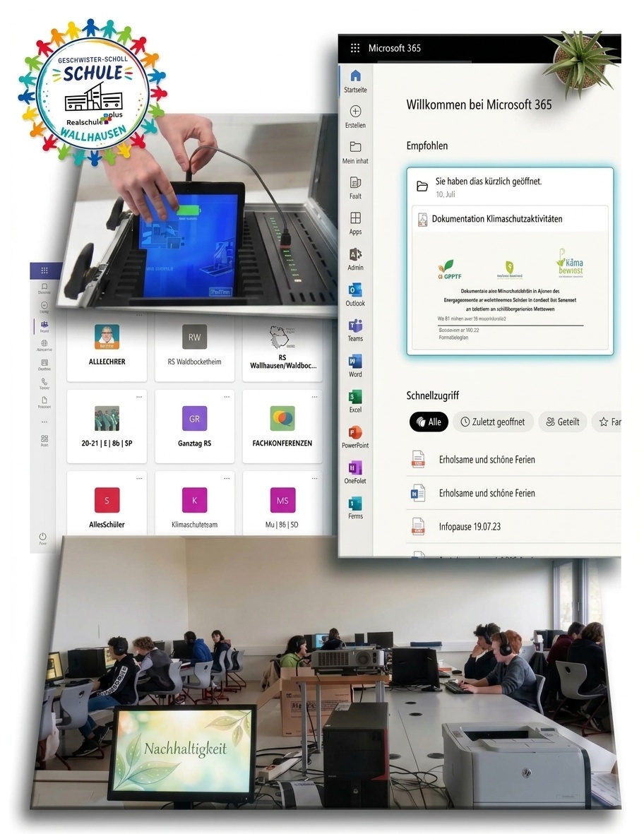 Digitale Nachhaltigkeit Die Collage zeigt im oberen Teil Screenshots der schulinternen Microsoft 365-Plattform mit der übersichtlichen Benutzeroberfläche von Teams und OneNote, einer Kachelübersicht für Klassen, Lehrkräfte und Fachkonferenzen sowie eine Hand, die ein Tablet bedient. Der untere Bildbereich dokumentiert eine reale Unterrichtssituation im Klassenzimmer, in der eine Schülergruppe konzentriert an Laptops arbeitet, während auf einem großen Monitor im Vordergrund eine Präsentation mit dem Titel „Nachhaltigkeit“ zu sehen ist.