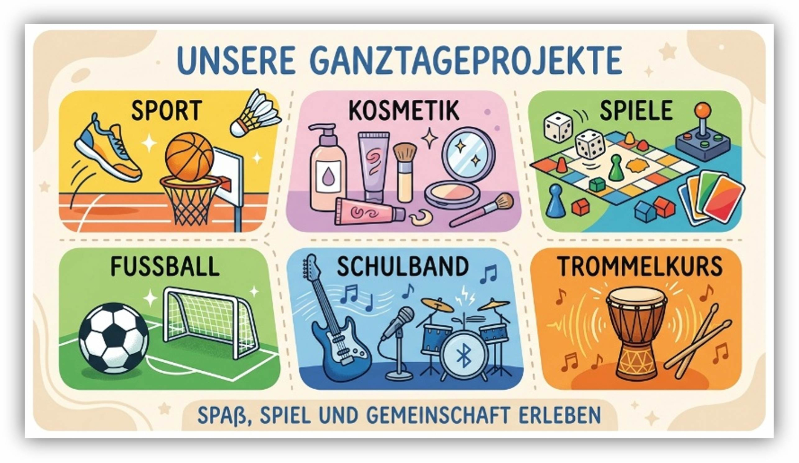 Die Infografik mit der Überschrift „Unsere Ganztagsprojekte“ ist in sechs farbige Rechtecke unterteilt, die jeweils ein Freizeitangebot der Schule mit passenden Comic-Symbolen darstellen. Abgebildet sind die Projekte Sport, Kosmetik, Spiele, Fußball, Schulband und Trommelkurs, die unter dem Motto „Spaß, Spiel und Gemeinschaft erleben“ symbolisch für das vielseitige und entlastende Nachmittagsprogramm stehen.
