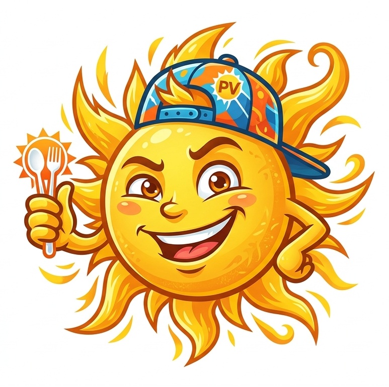 Die Comic-Grafik zeigt eine fröhlich lachende, gelb-orangefarbene Sonne mit einem verschmitzten Gesichtsausdruck, die eine coole, rückwärts gedrehte Baseballkappe mit den blauen Buchstaben „PV“ auf dem Kopf trägt. Mit der linken Hand stemmt sie die Geste eines Daumen-nach-oben und hält dabei einen Löffel und eine Gabel empor, was symbolisch für das mit solarer Energie zubereitete Essen aus den Schulküchen steht.