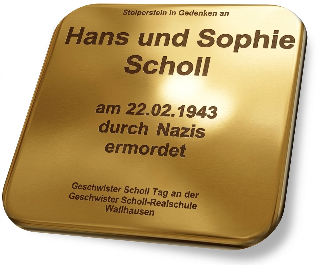 Stolperstein Geschwister Scholl Die Grafik zeigt die dreidimensionale Ansicht eines quadratischen, glänzenden Stolpersteins aus Messing mit abgerundeten Ecken auf einem schlichten weißen Hintergrund. Die eingeprägte Inschrift lautet: „Stolperstein in Gedenken an Hans und Sophie Scholl, am 22.02.1943 durch Nazis ermordet, Geschwister Scholl Tag an der Geschwister Scholl-Realschule Wallhausen“.