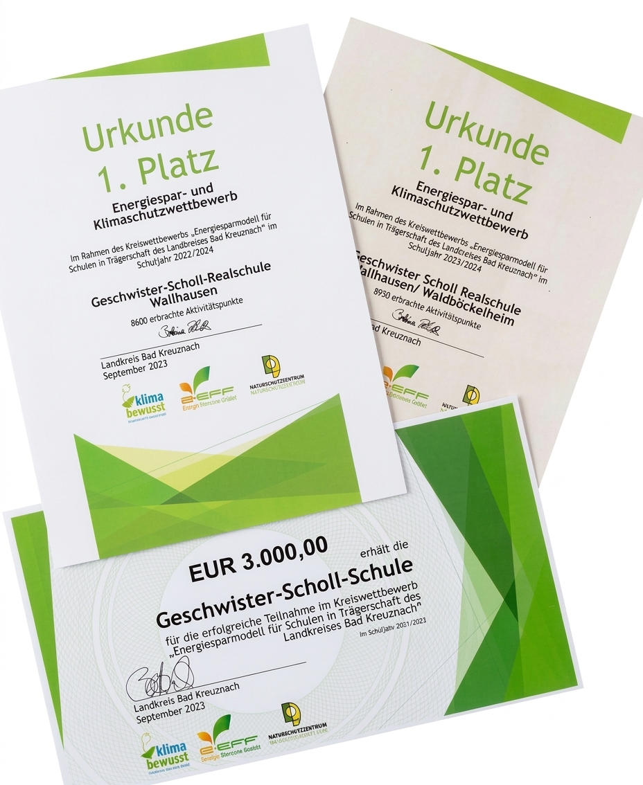 Urkunden und Preisgelder Das Foto zeigt drei neben- und übereinanderliegende Urkunden des Landkreises Bad Kreuznach für jeweils den 1. Platz im „Energiespar- und Klimaschutzwettbewerb“, verliehen an die Geschwister-Scholl-Realschule Wallhausen für die Schuljahre 2022/2023 und 2023/2024. Darunter ist ein symbolischer Gewinnscheck über ein Preisgeld von 3.000,00 Euro abgebildet, welcher den messbaren Erfolg der praxisnahen Schülerprojekte zum Klimaschutz im Kreiswettbewerb dokumentiert. Der Betrag ist nur symbolisch, tatsächlich hat die Schule insgesamt höhere Beträge erzielt.