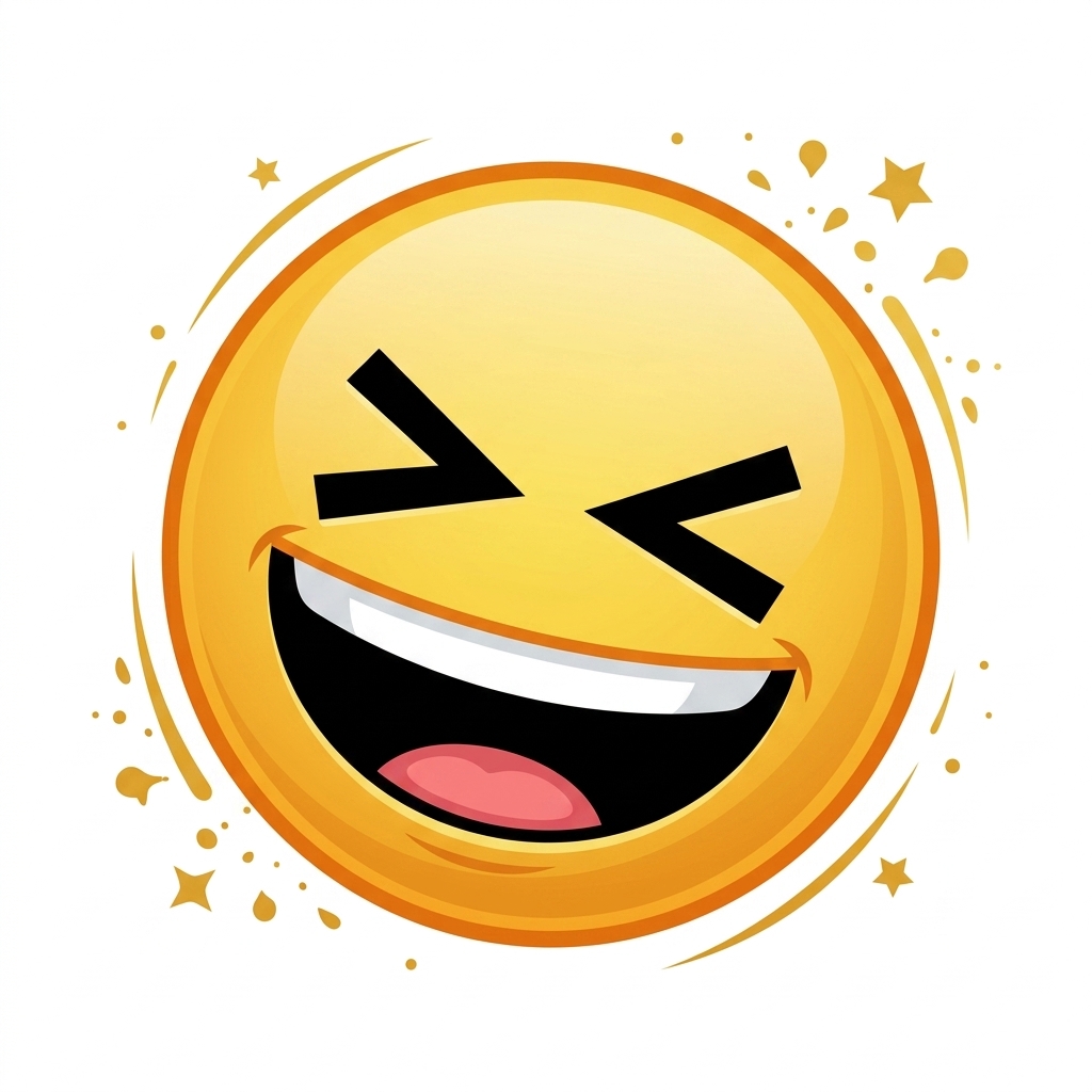Die Grafik zeigt ein rundes, gelb-orangefarbenes Emoji, das mit zusammengekniffenen Augen in Form von zwei Pfeilen nach innen und einem weit geöffneten Mund laut lacht. Umrahmt wird das lachende Gesicht von dynamischen Schwunglinien, kleinen Sternen und spritzenden Punkten im gleichen Farbton, die dem Symbol einen feierlichen und energiegeladenen Charakter verleihen. Das Symbol unterstreicht Energie, die witzigen Momente wie das „kollektive Kichern“ aus den Chorproben.