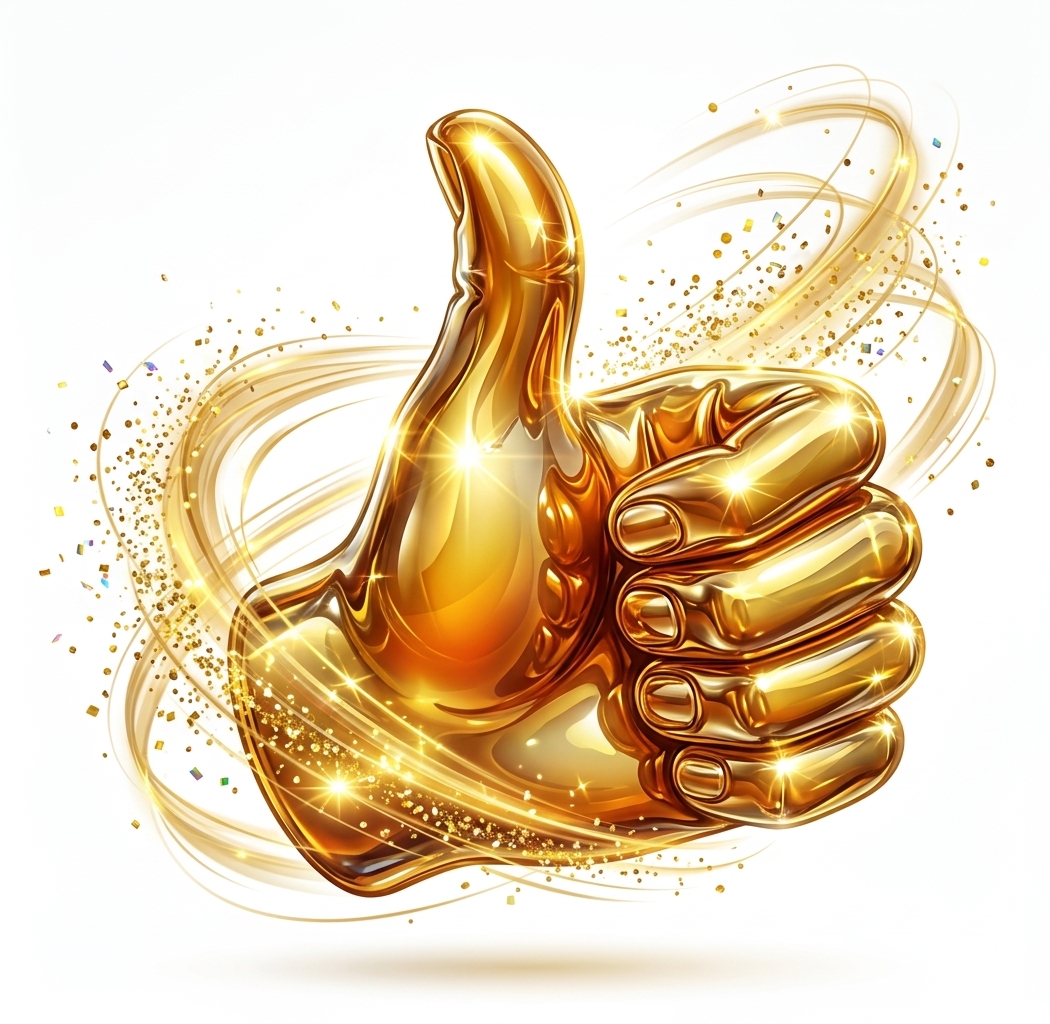 Daumen hoch für den Schulchor Die Grafik zeigt eine dreidimensionale, glänzende Hand aus flüssig wirkendem Gold, die die Geste eines nach oben gestreckten Daumens als Zeichen der Zustimmung formt. Das Symbol ist von dynamischen, goldenen Wirbeln, Lichtreflexen und feinem, glitzerndem Staub umgeben, die der Illustration auf dem weißen Hintergrund eine festliche Wirkung verleihen und die Besucher dazu auffordern, dem YouTube-Kanal des Chores einen „Daumen nach oben“ zu geben.