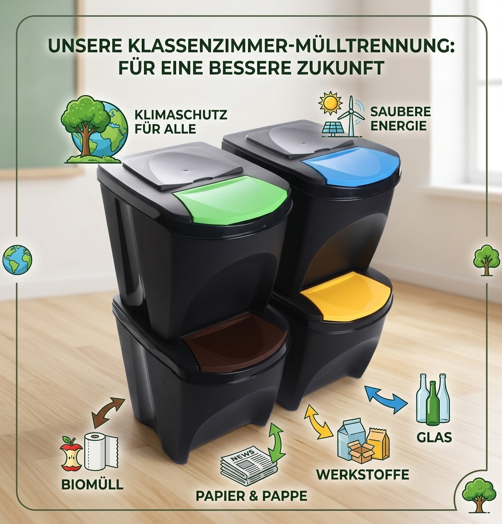 Mülltrennung Die Infografik mit der Überschrift „Unsere Klassenzimmer-Mülltrennung – Für eine bessere Zukunft“ zeigt im Zentrum vier moderne, modular gestapelte schwarze Abfallbehälter, deren Einwurfkappen farblich deutlich voneinander abgehoben sind. Kleine Comic-Illustrationen am unteren Rand ordnen den farbigen Klappen die vier konkreten Trennkategorien Biomüll (braun), Papier & Pappe (grün), Werkstoffe (gelb) und Glas (blau) zu, ergänzt durch Symbole für Klimaschutz und saubere Energie im Hintergrund.