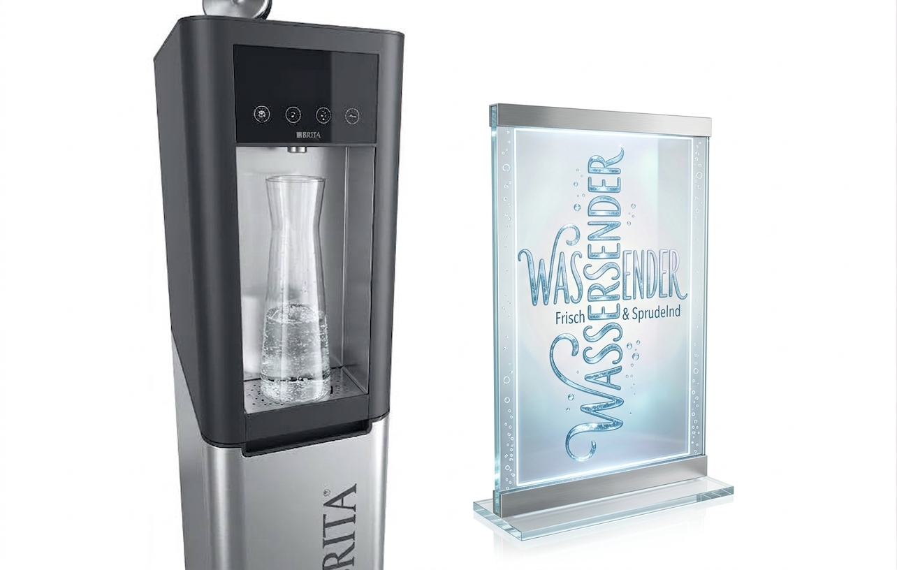 Wasserspender Das Bild zeigt auf der linken Seite zeigt einen modernen, silber-schwarzen Stand-Wasserspender der Marke BRITA, in dessen beleuchteter Entnahmenische eine gläserne Karaffe mit frischem Wasser gefüllt wird. Rechts daneben steht ein eleganter, transparenter Acryl-Aufsteller mit der geschwungenen blauen Aufschrift „Wasserspender – Frisch & Sprudelnd“ vor einem Hintergrund aus stilisierten Luftblasen.
